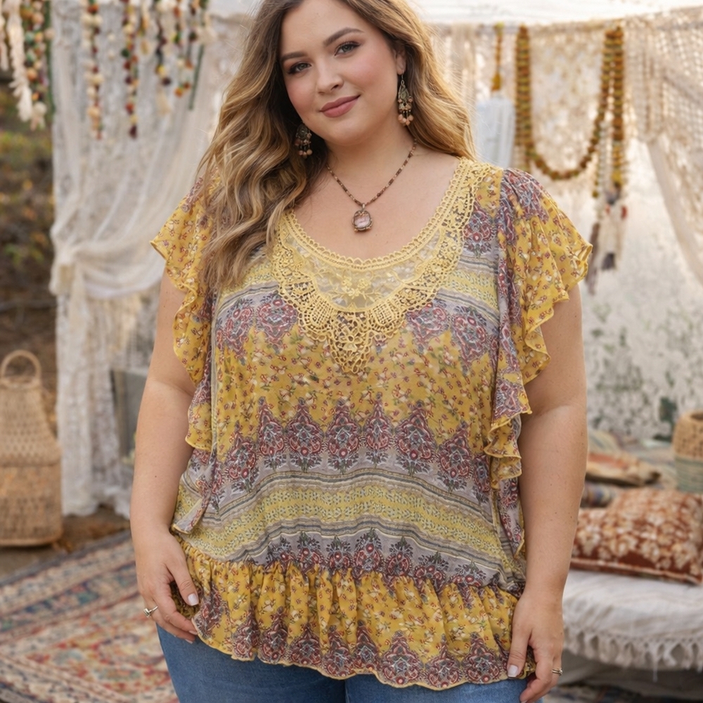 Y2K WD.NY Yellow Paisley Boho Blouse | Romantic Fairy Ruffle Sleeve Lace Trim